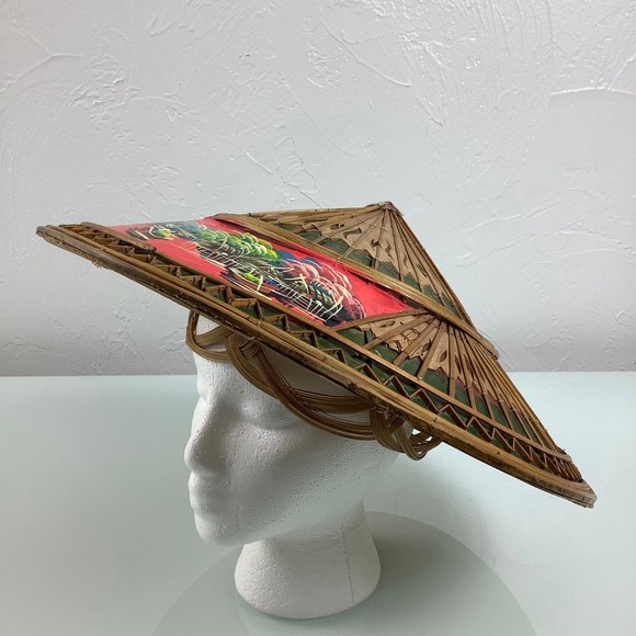 VTG Asian Wicker Bamboo Hat hand painted Gardening Beach Field Handmade SZ OSFM - Picture 6 of 12